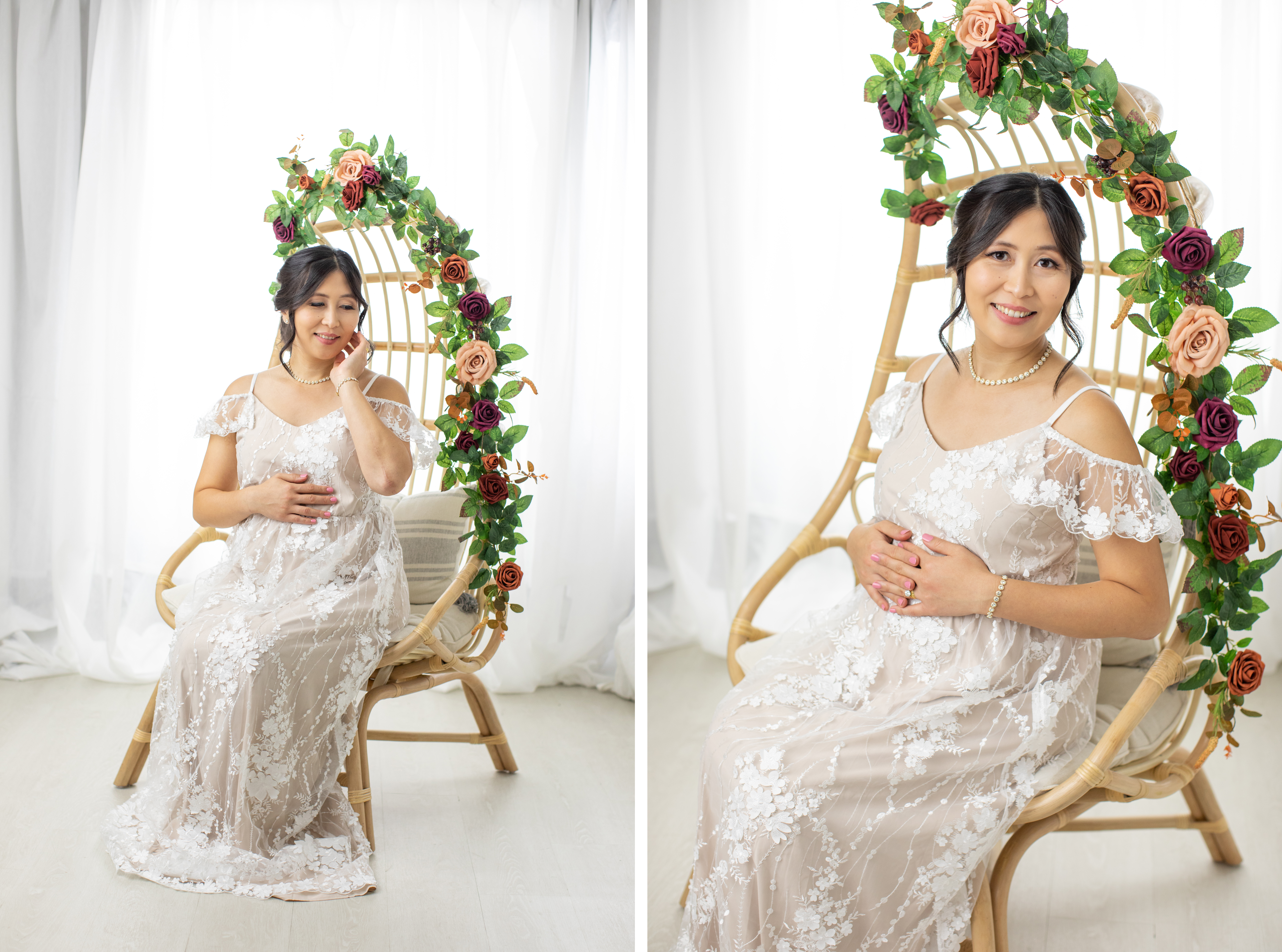 Maternity photo set in a rattan chair with floral decorations and lace gown.