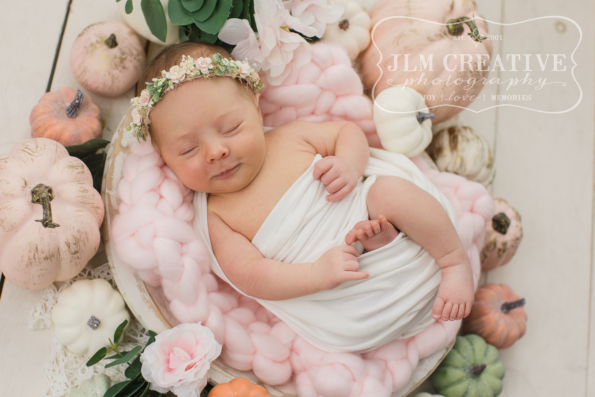 newborn baby girl posed in a bowl with pumpkins and flowers in pink